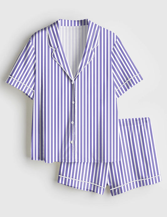 Women’s Blue Stripes Short Sleeve Satin Pajama Set