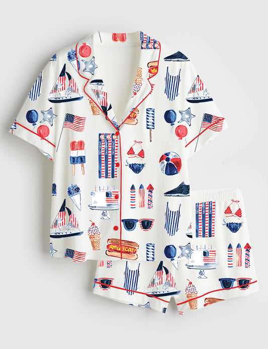 Women’s Watercolor Patriotic 4th Of July Short Sleeve Satin Pajama Set
