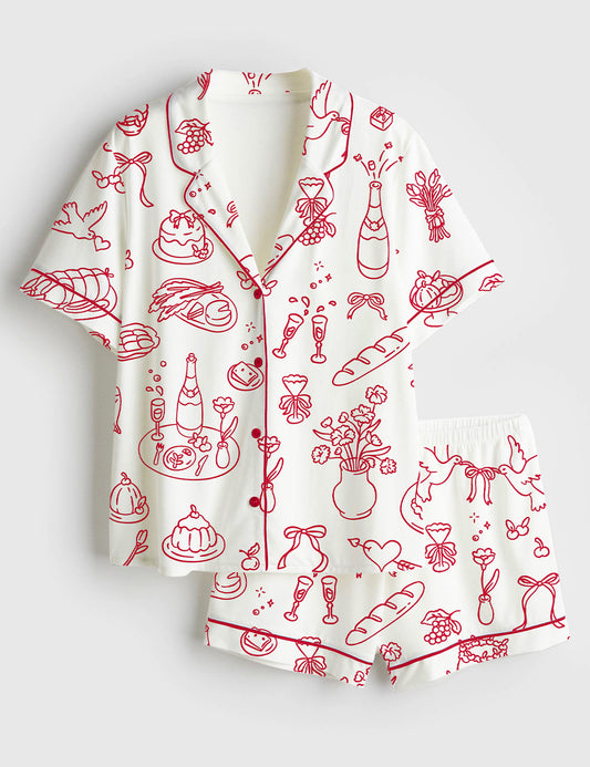 Women's Hand Drawn Wedding Short Sleeve Satin Pajama Set