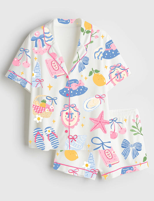 Women’s Coastal Preppy Girl Summer Beach Coquette Girly Summer Beach Ocean Print Short Sleeve Satin Pajama Set
