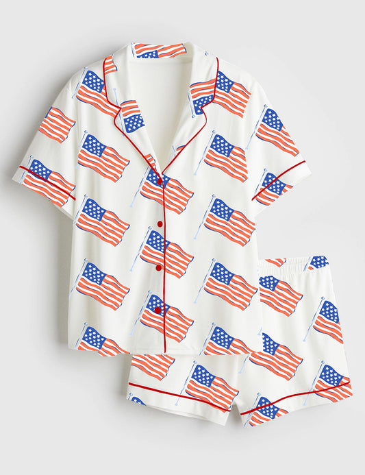 Women’s American Flag 4th Of July Short Sleeve Satin Pajama Set