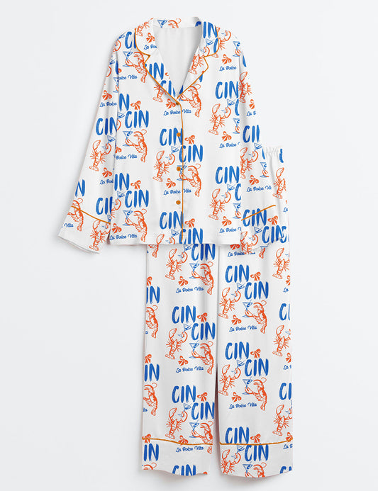 Women’s Martini Lobster Fisherman Aesthetic Lobster La Dolce Vita Coastal Ocean Beach Cocktail Print Long Sleeve Satin Pajama Set