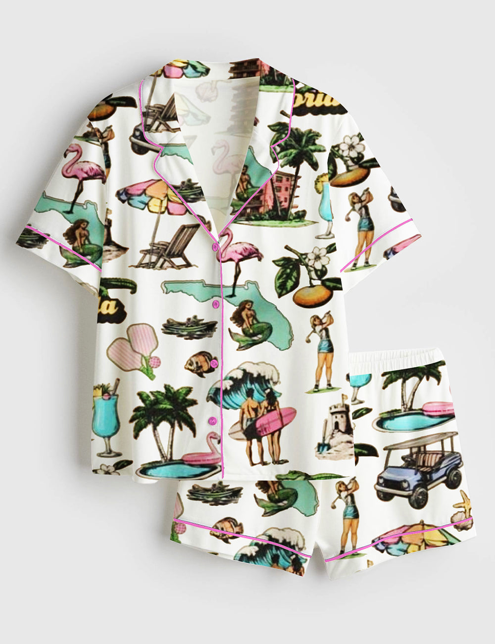 Women’s Retro Florida Palm Trees Mermaid Golf Pickleball Short Sleeve Satin Pajama Set