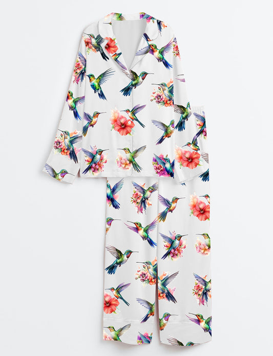 Women’s Watercolor Hummingbirds Long Sleeve Satin Pajama Set