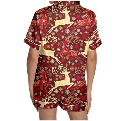Pajamas for Women Set Ladies Christmas Checkered Printed Silk Satin Short Sleeve Button Red Women's Sleepwear M