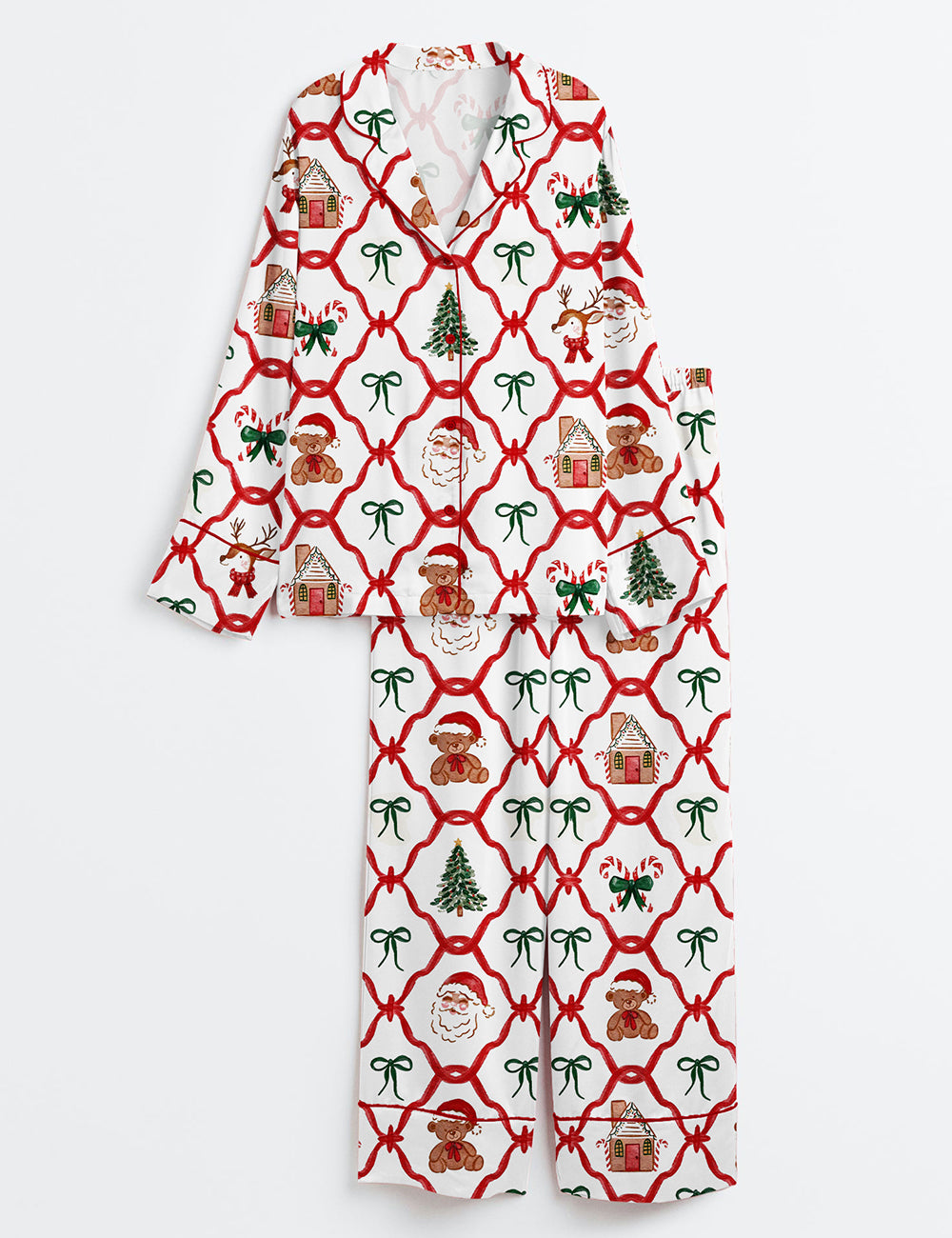 Women’s Red And Green Santa Trellis Christmas Reindeer Gingerbread Bows Candy Cane Teddy Bears Long Sleeve Satin Pajama Set