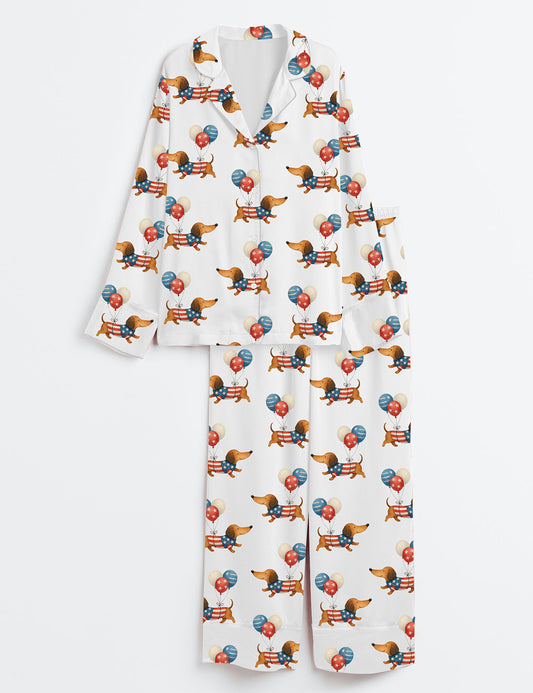 Women’s 4th Of July Pet Dog Lovers Watercolor America Flag Dachshund Dog Print Long Sleeve Satin Pajama Set
