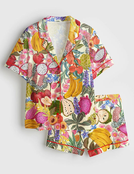 Women’s Fruit All The Colours Of The Rainbow Short Sleeve Satin Pajama Set