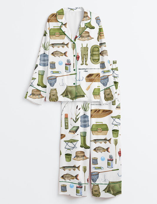 Women’s Watercolor Fishing Travel Camping Summer Long Sleeve Satin Pajama Set