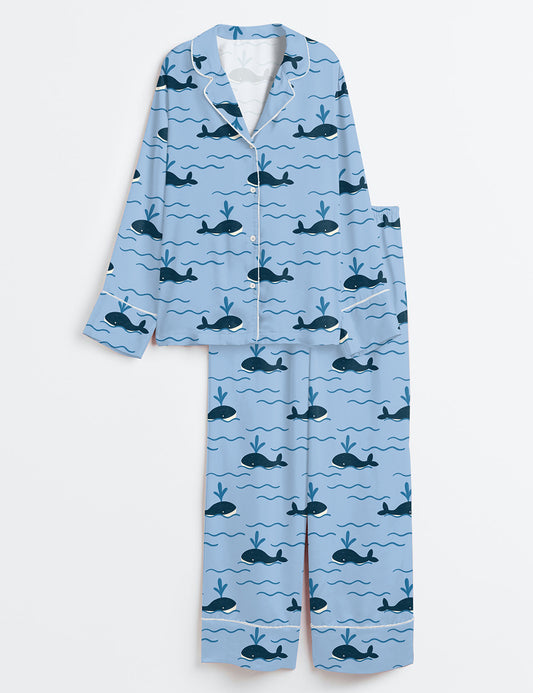 Women’s Whale Print Sounds Of The Sea Long Sleeve Satin Pajama Set