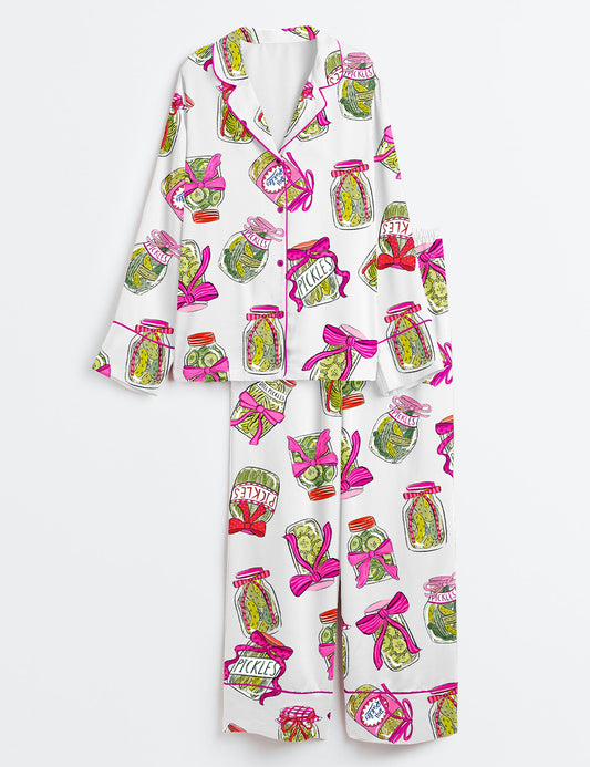 Women’s Pickle Lover Pink Bows Long Sleeve Satin Pajama Set