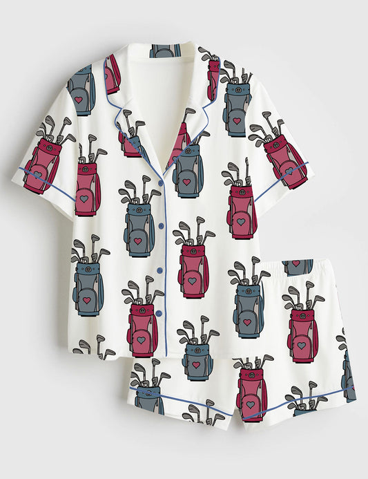Women’s Golf Pun Look How Par We've Come Cute Golf Print Short Sleeve Satin Pajama Set