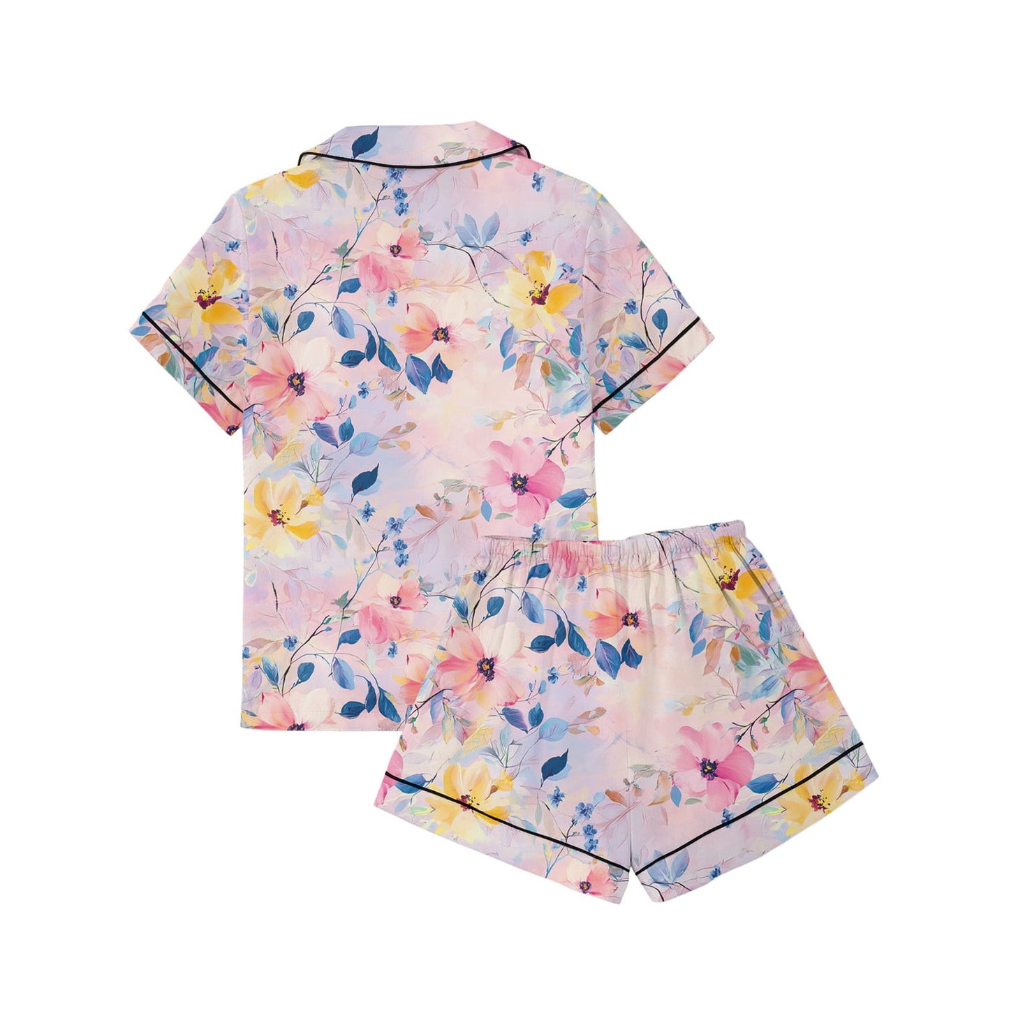 JULMCOMO Pj Sets for Woman Comfy Satin Silk Short Sleeve Sleepwear Button Up Lounge Sets Cute floral print 2 Piece Pjs Shorts Set Blue 2XL