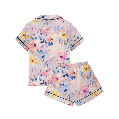 JULMCOMO Pj Sets for Woman Comfy Satin Silk Short Sleeve Sleepwear Button Up Lounge Sets Cute floral print 2 Piece Pjs Shorts Set Blue 2XL