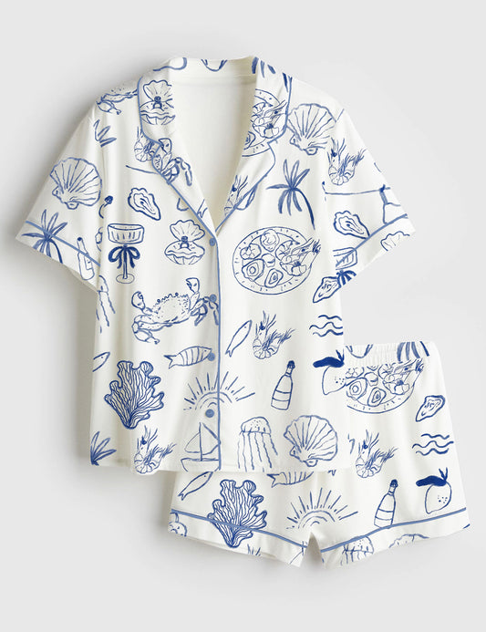 Women’s Hand Drawn Coastal Icon Summer Line Art Dolce Vita Amalfi Coast Print Short Sleeve Satin Pajama Set