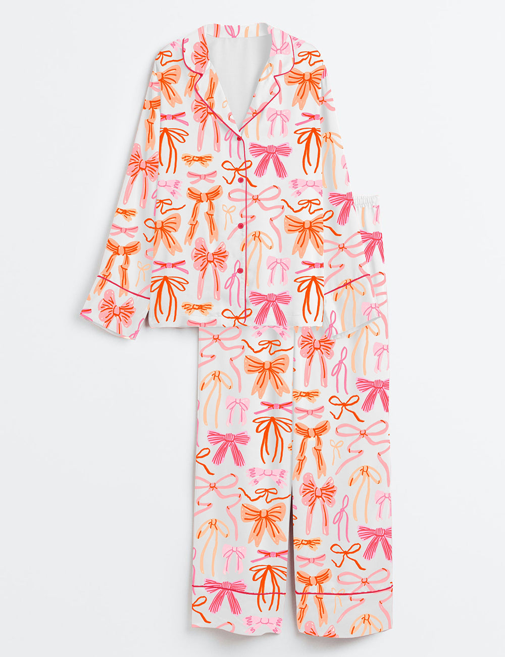 Women's Lace And Ribbons Coquette Bow Long Sleeve Satin Pajama Set