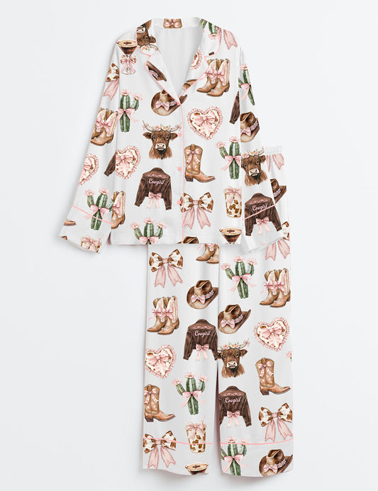 Women’s Coquette Cowgirl Howdy Highland Cow Print Long Sleeve Satin Pajama Set