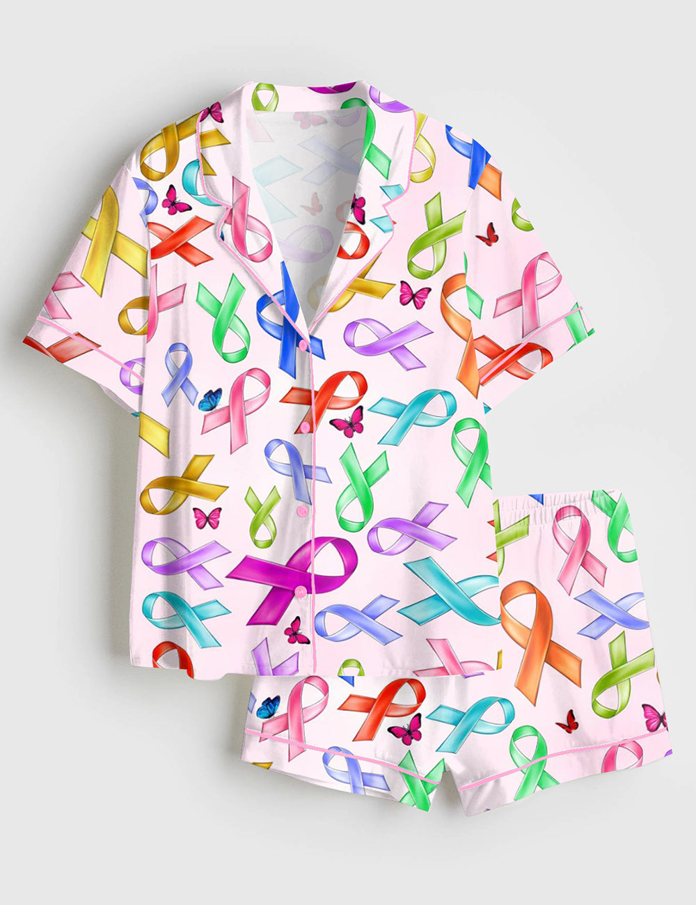 Women’s Breast Cancer Awareness Pink Ribbon Short Sleeve Satin Pajama Set