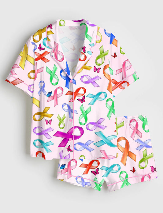 Women’s Breast Cancer Awareness Pink Ribbon Short Sleeve Satin Pajama Set