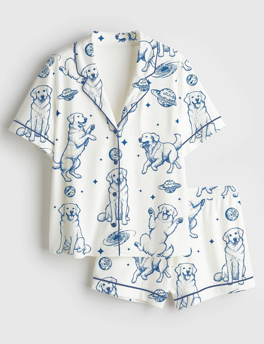 Women's Golden Retriever In Space Dog Lover Short Sleeve Satin Pajama Set