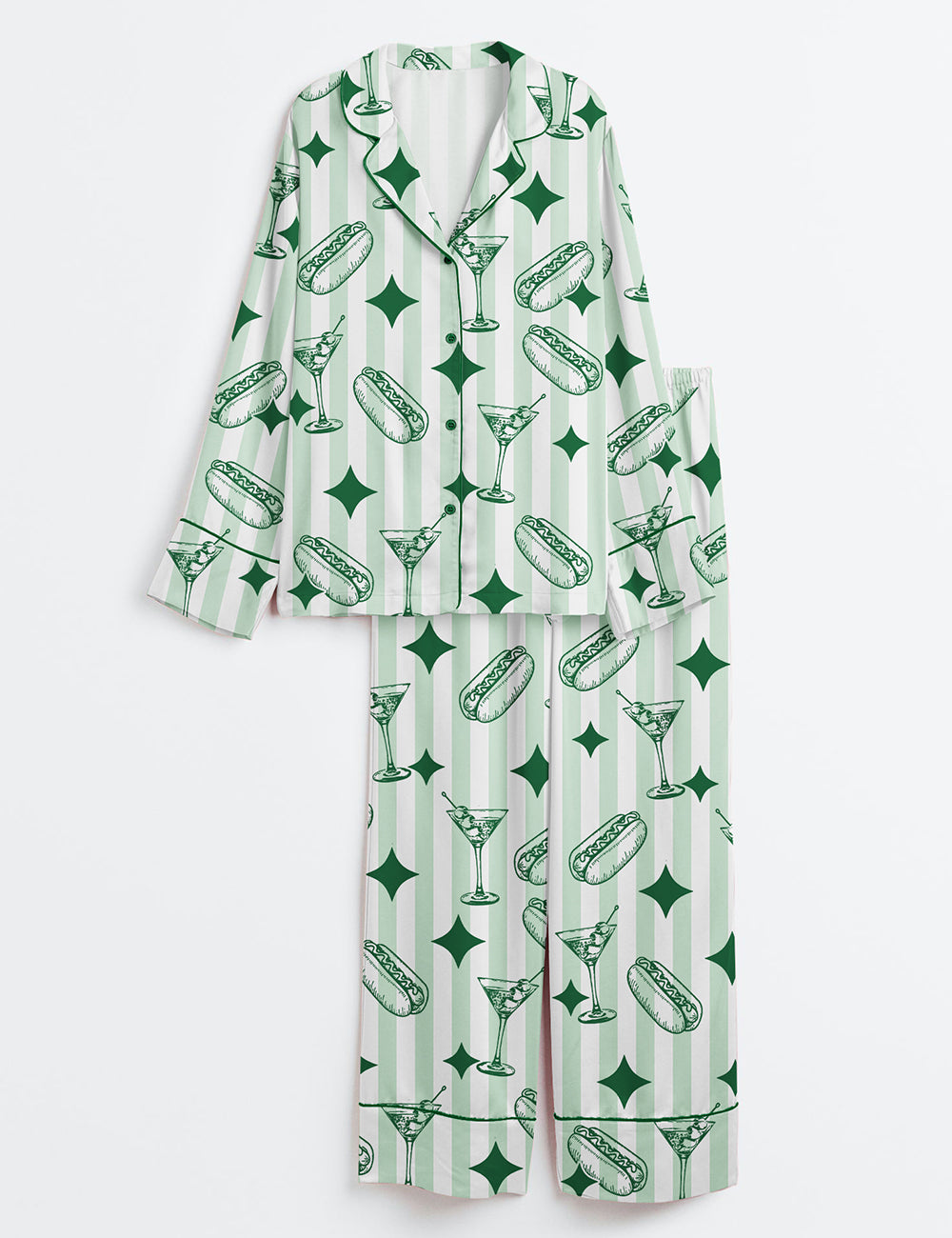 Women’s Green Stripe Tinis And Weenies Dirty Martini Party Print Long Sleeve Satin Pajama Set