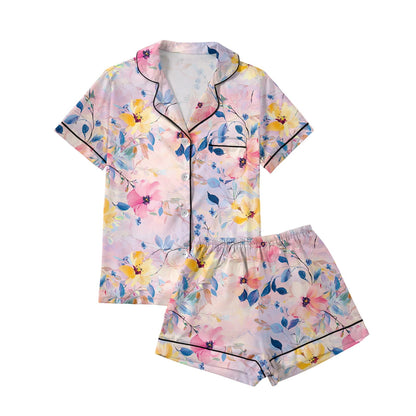 JULMCOMO Pj Sets for Woman Comfy Satin Silk Short Sleeve Sleepwear Button Up Lounge Sets Cute floral print 2 Piece Pjs Shorts Set Blue 2XL