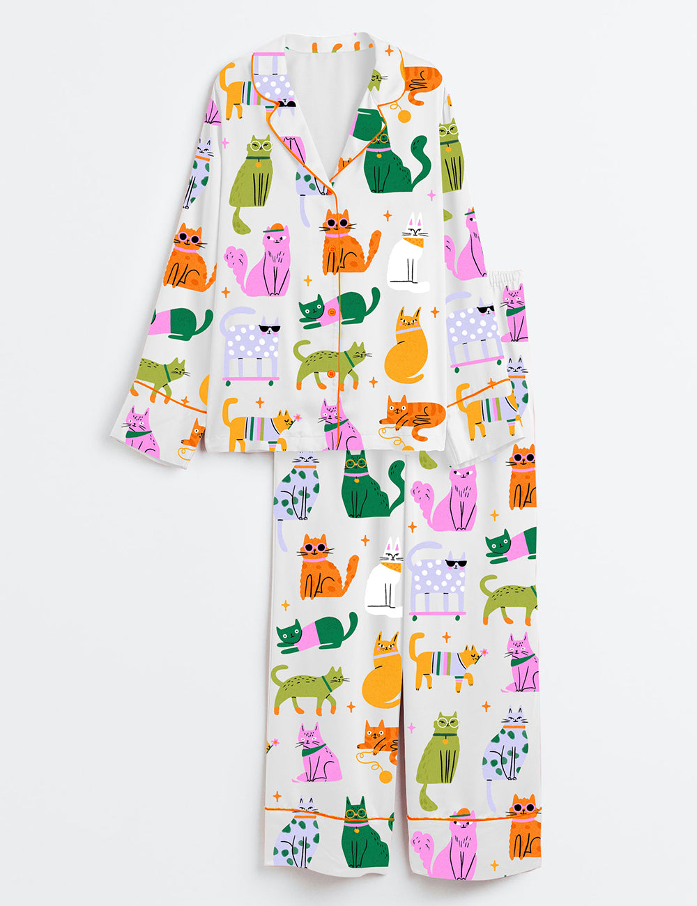 Women’s Colorful Cat Art Print Long Sleeve Satin Pajama Set