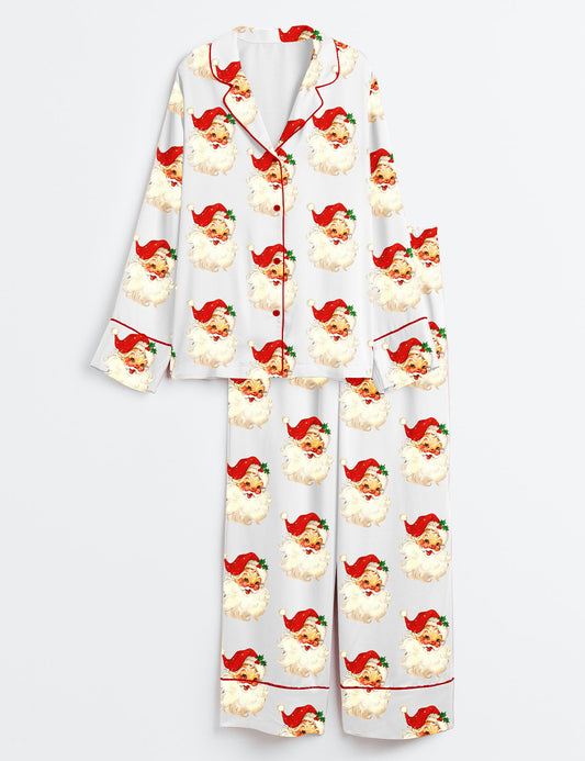 Women’s Merry And Bright Vintage Santa Christmas Retro Santa Claus Christmas Family Long Sleeve Satin Pajama Set