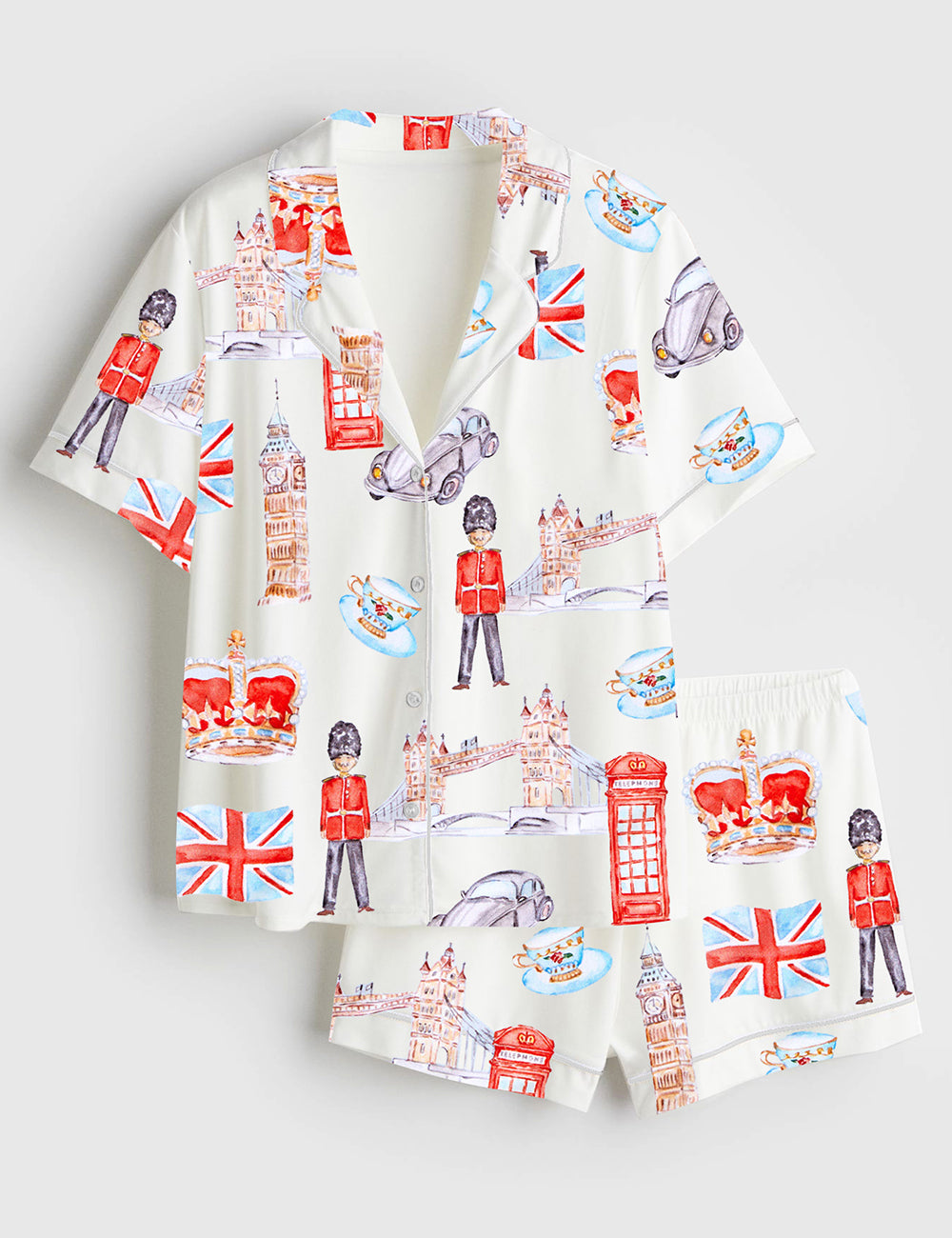 Women’s London Travel Watercolor England United Kingdom Landmarks England Cityscape Print Short Sleeve Satin Pajama Set