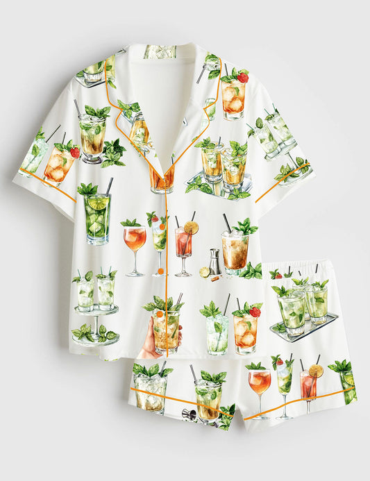 Women’s Watercolor Mint Julep Cocktail Alcoholic Mixed Drink Wedding Short Sleeve Satin Pajama Set