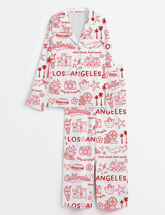 Women’s Los Angeles California Landmarks I Love LA Hollywood USA Long Sleeve Satin Pajama Set