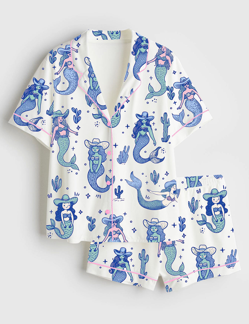 Women’s Mermaid Western Cowgirls Coastal Bachelorette Party Mermaid Print Short Sleeve Satin Pajama Set