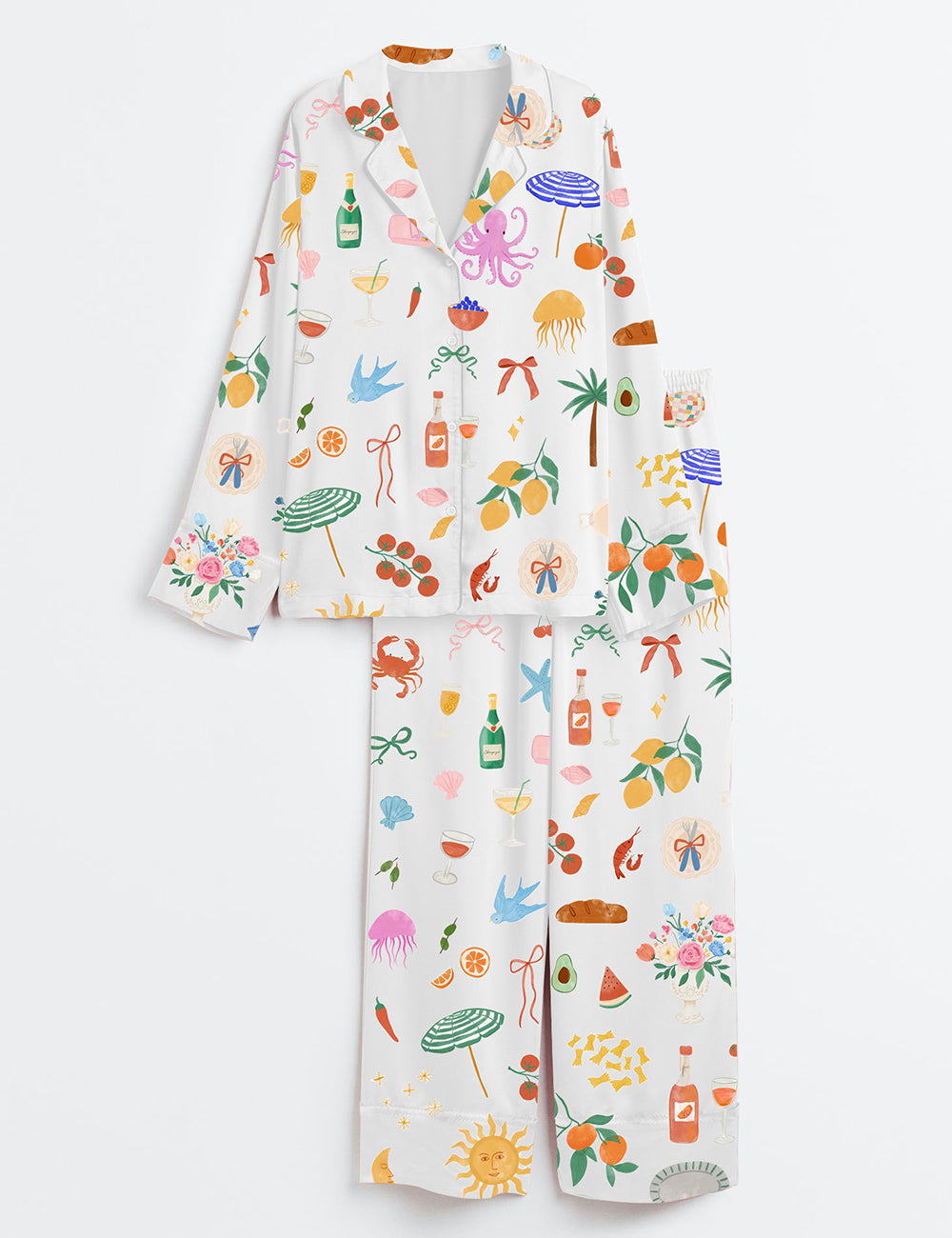 Women’s Whimsical Hand-Drawn Summer Wedding Long Sleeve Satin Pajama Set