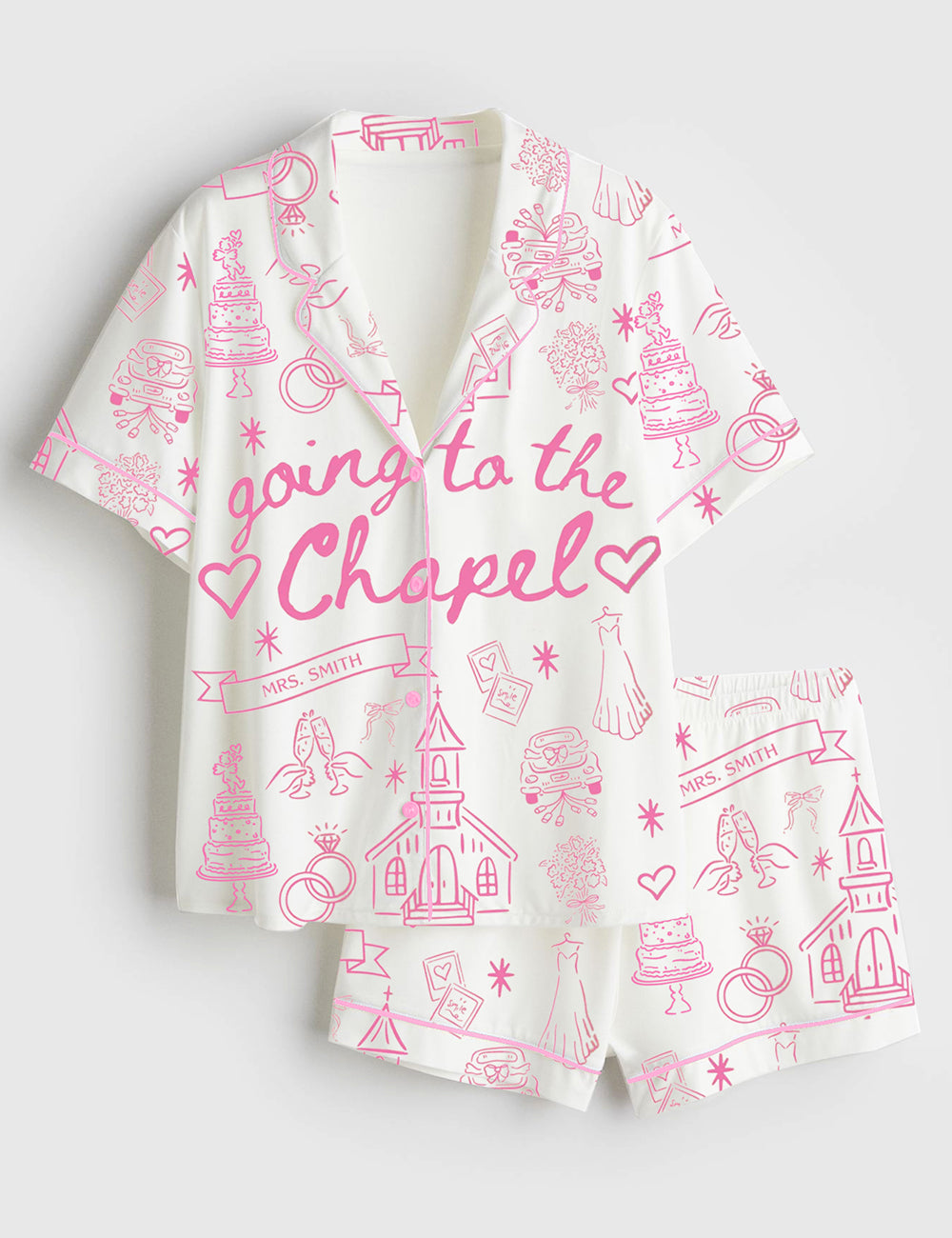 Women’s Going To The Chapel Gonna Get Married Coquette Wedding Bride Short Sleeve Satin Pajama Set