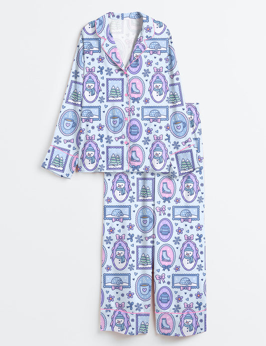 Women’s Christmas Hand-Drawn Snowflakes Cute Snowmen Pastel Ice Skates Long Sleeve Satin Pajama Set