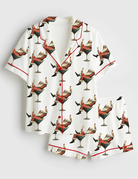 Women’s Santa Cheers Vintage Christmas Short Sleeve Satin Pajama Set