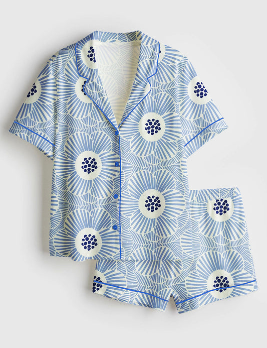 Women’s Overlapping Camellia Bright Blue Print Short Sleeve Satin Pajama Set