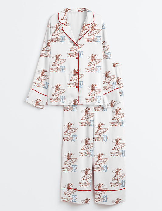 Women’s Stay Salty Coastal Cowgirl Fisherman Aesthetics Summer Ocean Surfboard Print Long Sleeve Satin Pajama Set