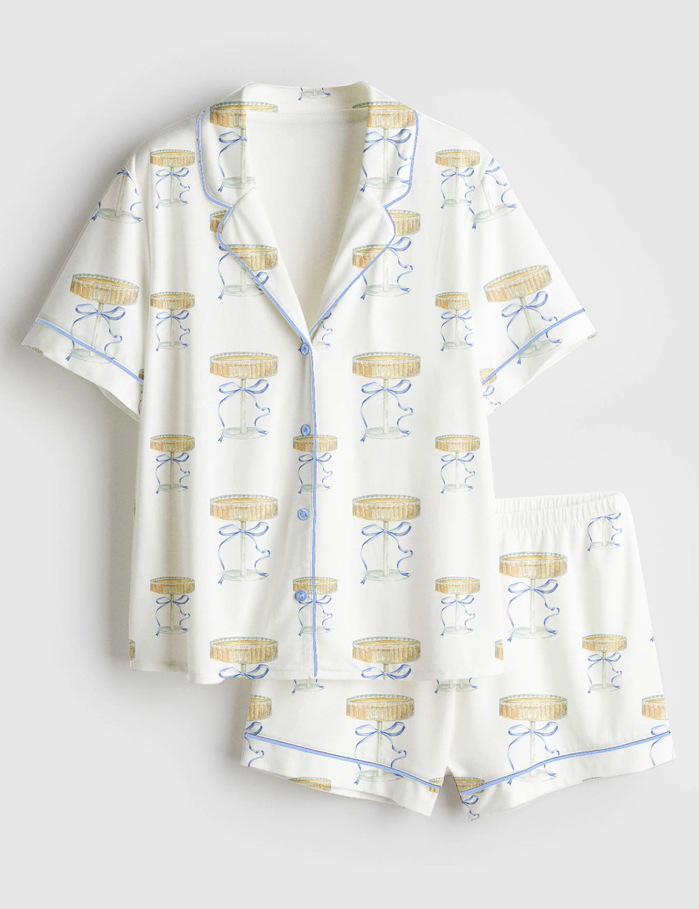 Women’s Elegant Blue Bow And Champagne Short Sleeve Satin Pajama Set