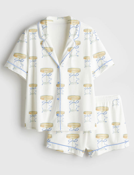 Women’s Elegant Blue Bow And Champagne Short Sleeve Satin Pajama Set