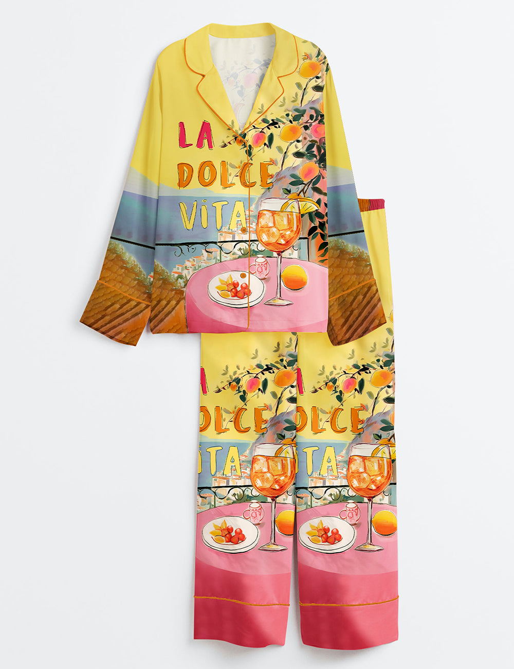 Women’s La Dolce Vita Amalfi Coast Italy Travel Italian Quote Positano Italy Colorful Cocktail Print Long Sleeve Satin Pajama Set