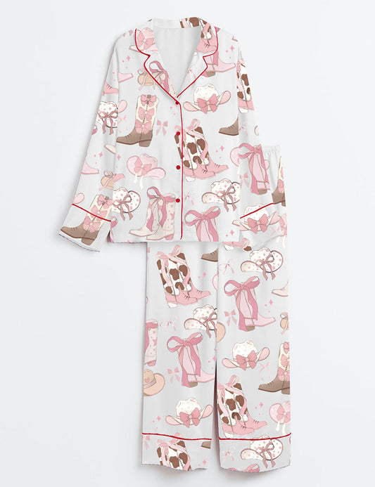 Women's Cowgirl Coquette Long Sleeve Satin Pajama Set
