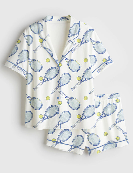 Women’s Tennis Rackets And Balls Short Sleeve Satin Pajama Se