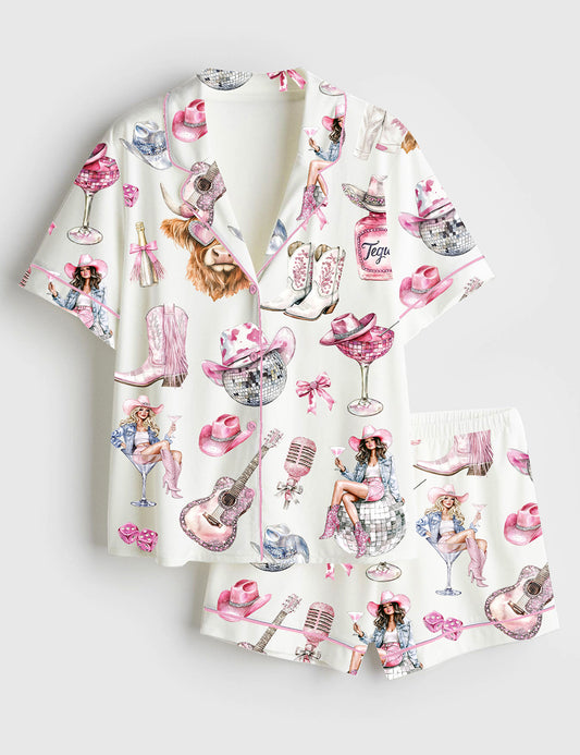 Women's Western Cowgirl Highland Cow Short Sleeve Satin Pajama Set