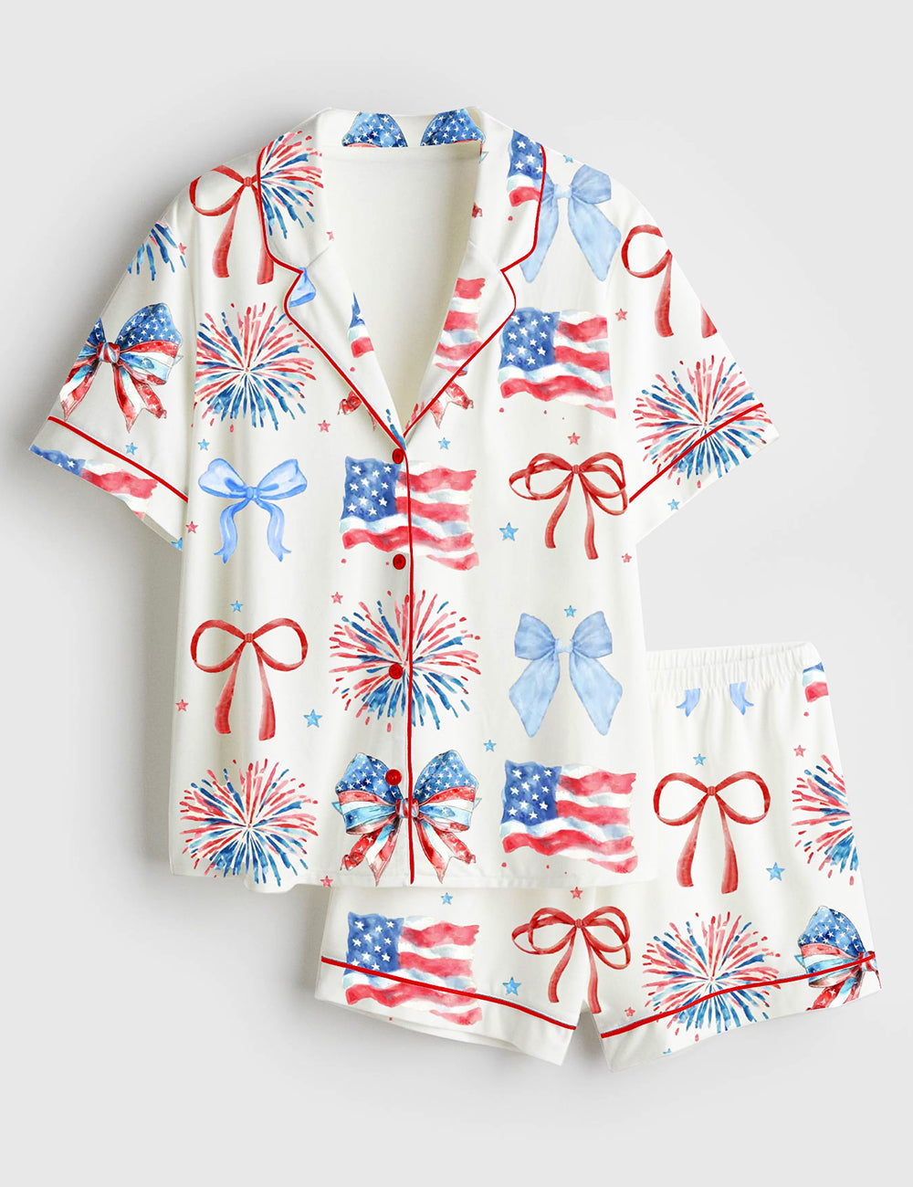 Women’s USA Coquette Bow Retro America 4th Of July Print Short Sleeve Satin Pajama Set