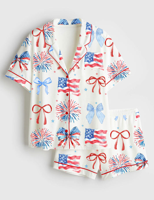 Women’s USA Coquette Bow Retro America 4th Of July Print Short Sleeve Satin Pajama Set