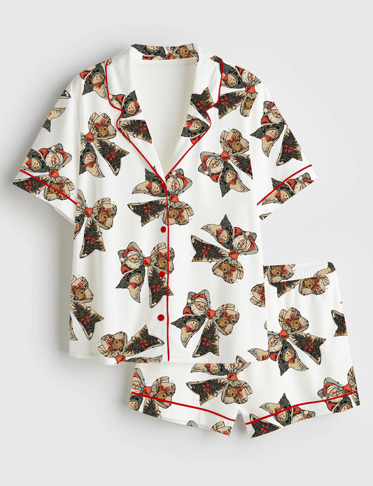 Women’s Christmas Coquette Bow Santa Claus Reindeer Snowman Short Sleeve Satin Pajama Set