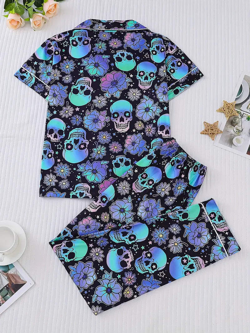 Our Neon Skull & Floral Pajama Set  Print Women's Outerwear Autumn and Winter Pajama Set