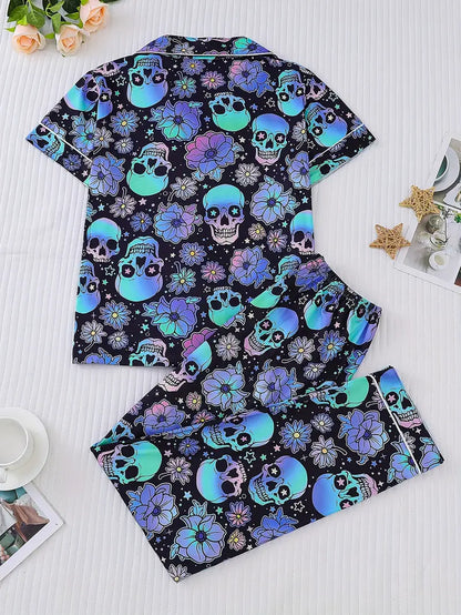 Our Neon Skull & Floral Pajama Set  Print Women's Outerwear Autumn and Winter Pajama Set