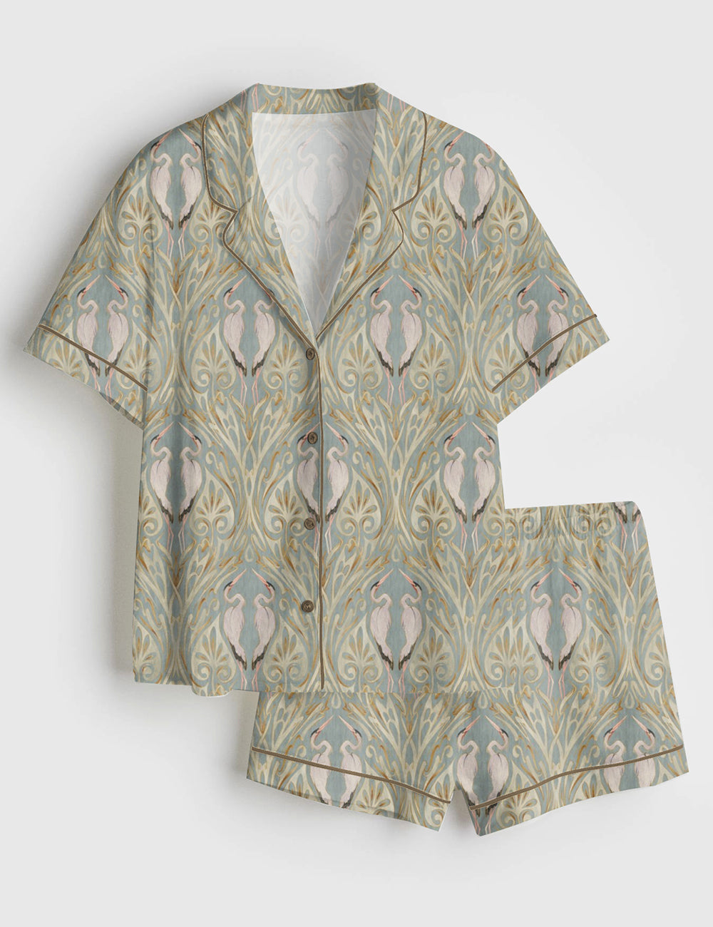 Women’s Art Nouveau Cranes With Vintage Texture Print Short Sleeve Satin Pajama Set